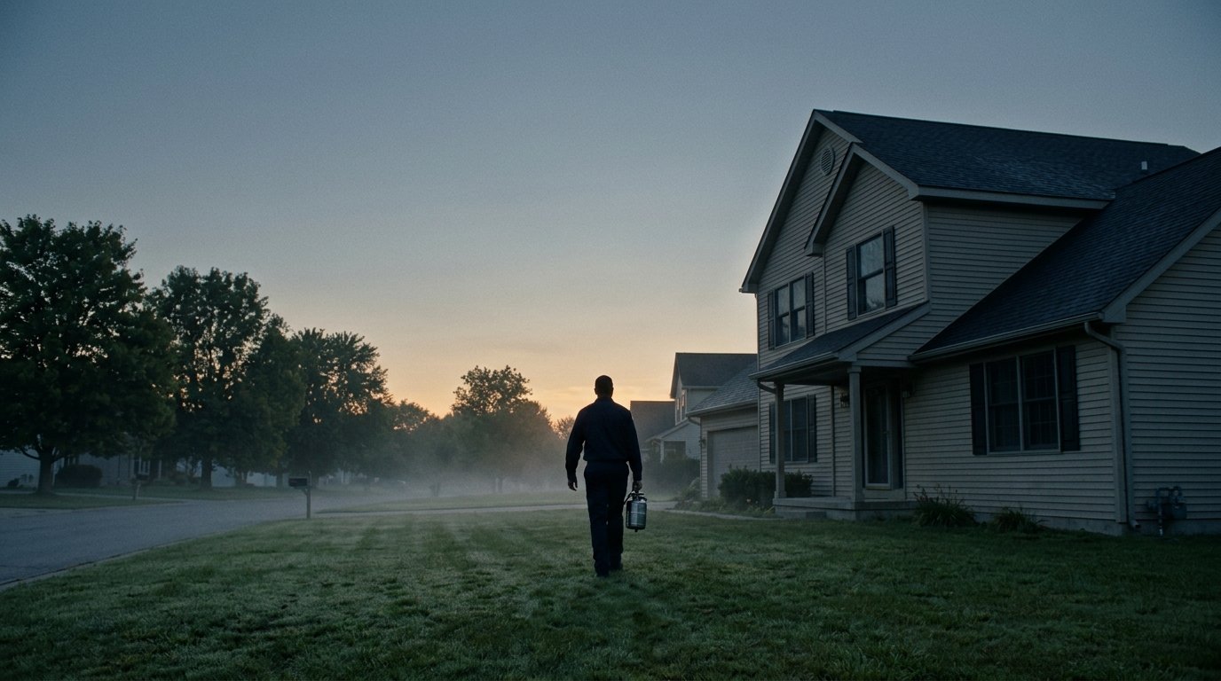 Suburban home at dawn with a pest control technician treating the perimeter