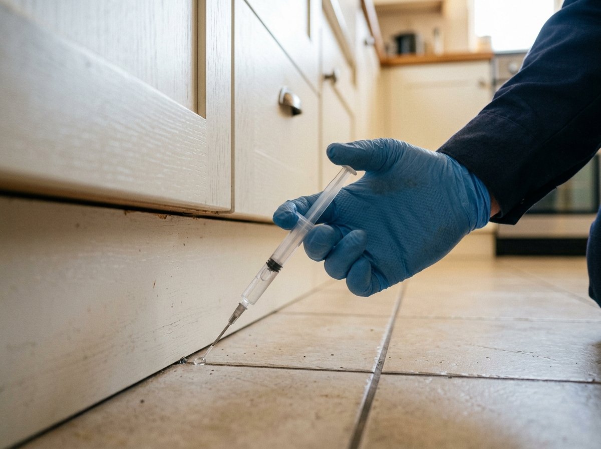 Pest control technician applying treatment along a baseboard