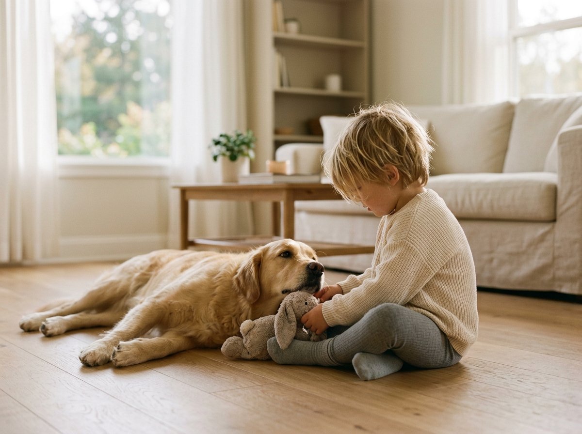 Child and dog playing on a living room floor after pest treatment